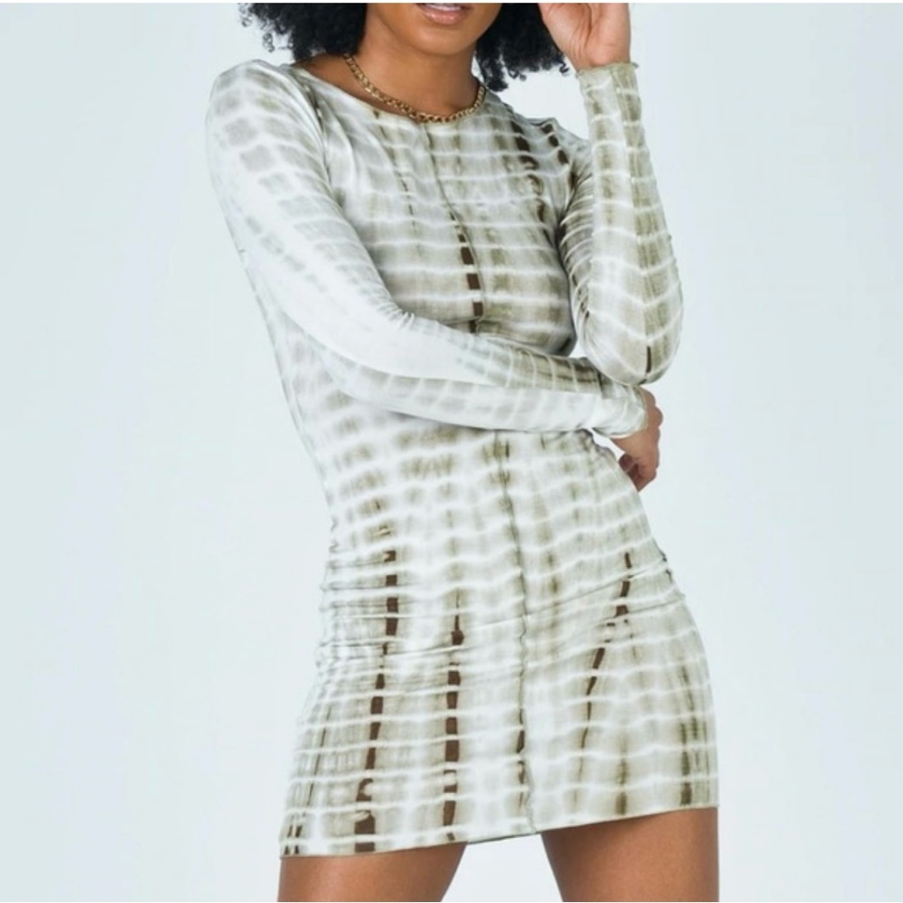 PRINCESS POLLY Olive Green Rayon-Elastin Long Sleeve Tie-dyed Mini Dress Size 0.